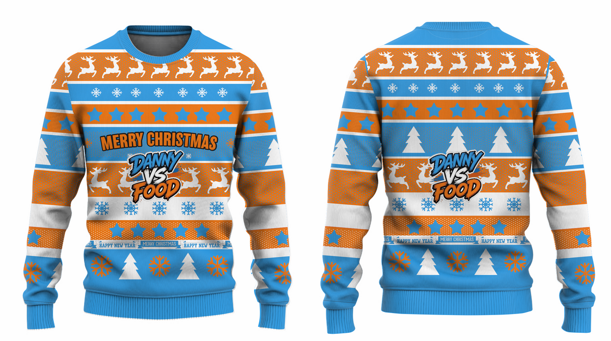 Front and back of the blue, orange and white Danny Vs Food Christmas jumper with reindeer, snowflakes and Christmas trees.
