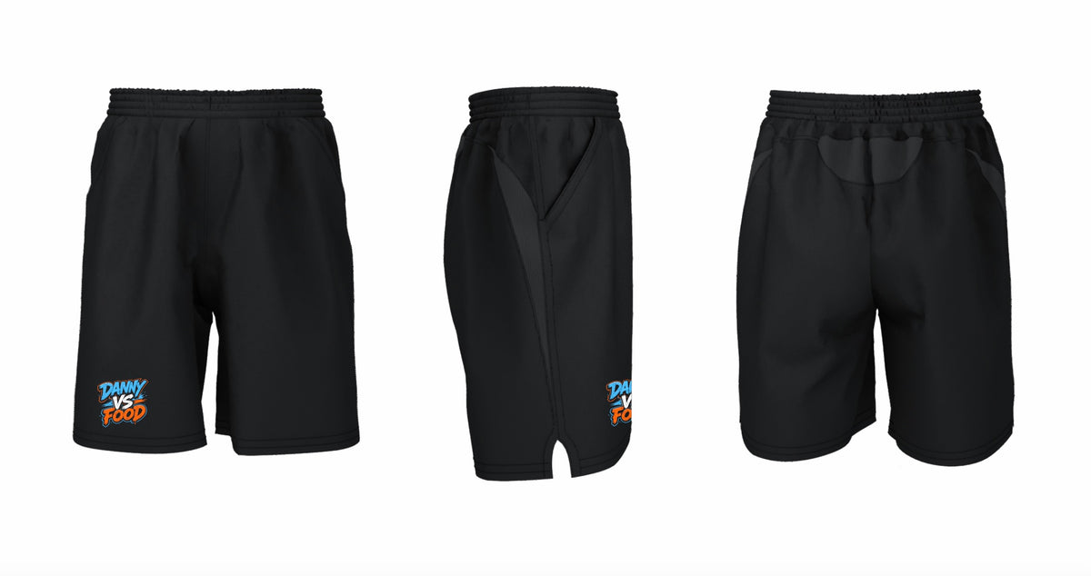 Black Danny Vs Food logo shorts shown from the front, side and back